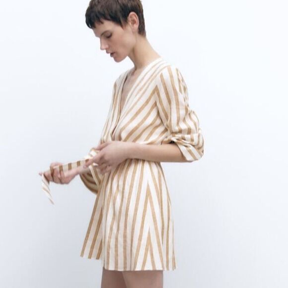 Zara Linen Blend Jumpsuit Striped New - Picture 8 of 11